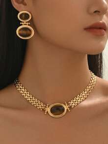 2pcs/Set French Vintage Black & Gold Metal Chain Necklace & Earrings Set, Women's Banquet Party Gathering Ball Versatile Daily Social Gift Jewelry Set - Set - View 2
