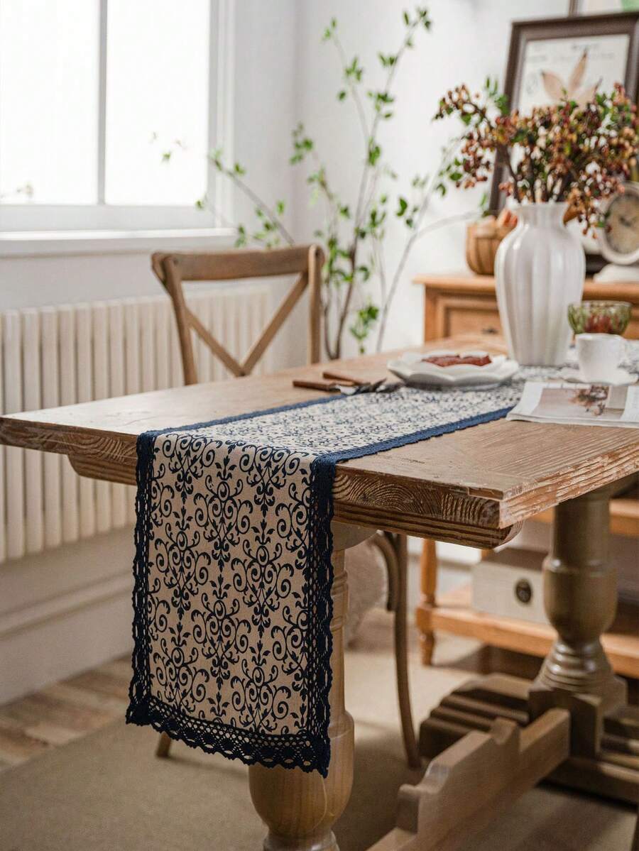 Taplak Meja Renda Biru Tua dengan Pinggiran Bunga, Gaya Cina Baru, Cocok untuk Meja Kopi Dalam dan Luar Ruangan, Lorong Masuk, Ruang Tamu, Meja Makan, Pernikahan, Liburan, Pesta, Pertemuan, dan Perayaan Lainnya - Berbagai gaya - View 1