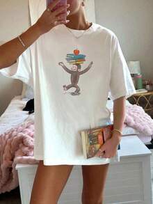Curious George Print T-Shirt, Retro And Playful Style, Pure Cotton T-Shirt, Fun T-Shirt, Age-Reducing And Versatile, Perfect As A Birthday Gift. - 白色 - 查看 1