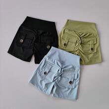 Pantalones cortos de cintura alta sin costuras para mujer, Pantalón deportivo ajustado con bolsillos para correr, entrenamiento, baile, levantamiento de cadera - Gris Oscuro - Ver 2