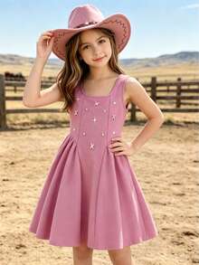 Galaxy Graffiti 8-12 Years Old Girls' Floral Pearl Embellished Sleeveless Dress, Cute Summer Vacation, Birthday Party, Daily Wear, Family Travel - Watermelon Pink - View 1