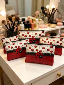 3pcs/1pc Ladybug Print Makeup Bag, Zipper Linen Material, Ladybug Pattern, Suitable For Home Daily Use, Gift, Business Trip And Leisure Travel - Multicolor - View 2