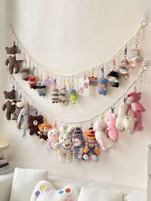 1pc Macrame Doll Storage Hanging Rope, Wall Mount Plush Toy Display Garland With Free Metal Clips, Boho Photo Holder Organizer For Bedroom Decor - White - View 1
