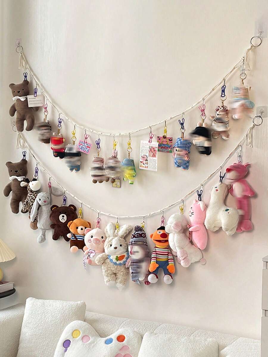 1pc Macrame Doll Storage Hanging Rope, Wall Mount Plush Toy Display Garland With Free Metal Clips, Boho Photo Holder Organizer For Bedroom Decor - White - View 1