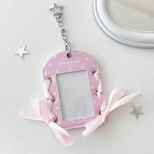 1pc Y2K Star Pattern Photocard Holder, Cute Ribbon Bow Idol Photo Card Keychain, 3 Inch Mini Card Display Case With Chain, Aesthetic Bag Charm For Fans, Back To School Stationery - Card Sleeve - View 10