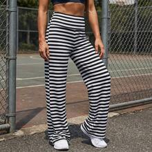 Women Y2k Striped Fold Over Pants Low Rise Yoga Pants Lounge Bottoms Color Block Wide Leg Flare Leggings Sweatpants - Black and White - View 3