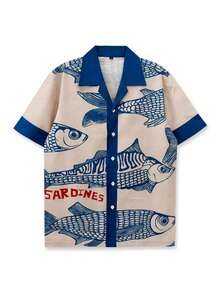 Printed Shirt, Fish Print Pattern, Blue Colorblock, Short Sleeve Shirt, Casual Outing, Simple Daily, Beach Street, Fashion - Multicolor - View 1