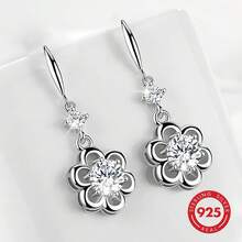 1 Pair Fashionable Cubic Zirconia Earrings, Elegant Luxury Design With Hollow Floral Pattern, 925 Sterling Silver Material, Suitable For Daily Casual Wear, Vacation, Wedding, Festivals, Birthday And Mother's Day Gifts - Silver - View 3