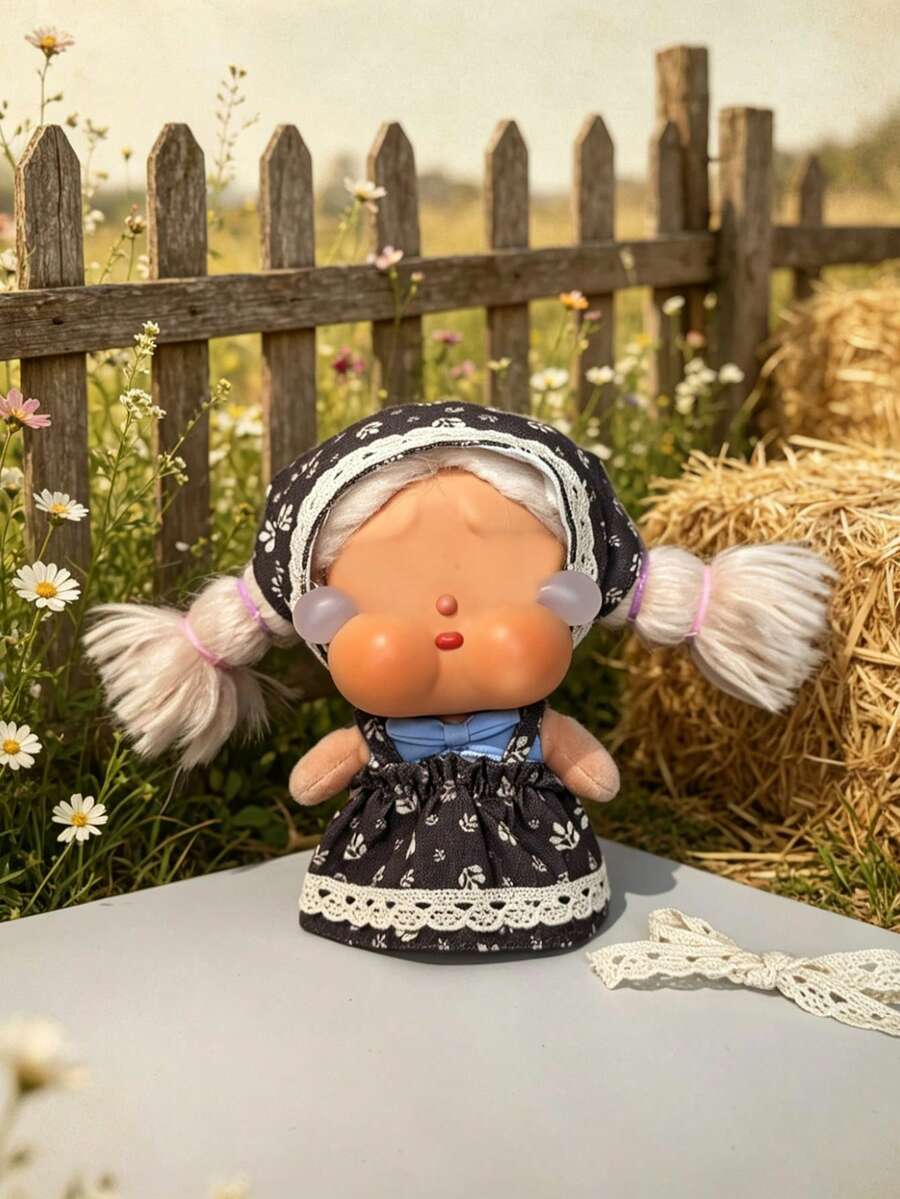 Crying Doll Set, Mori Style Vintage Lace Camisole Dress With Triangle Headscarf, DIY Doll Dress-Up Accessories - Dark Grey - View 1