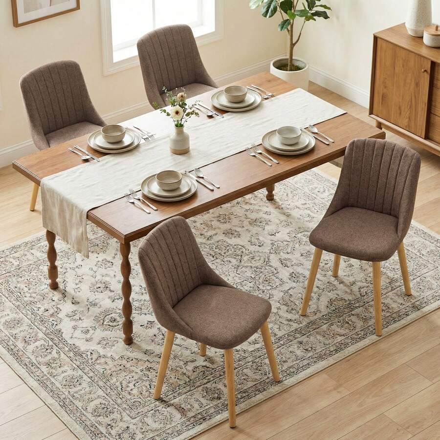 Goeurvant Modern Minimalist Vertical-Stripe Upholstered Dining Chairs With Ergonomic Back & Solid Wood Legs For Living Room, Kitchen, Bedroom - Set Of 2 / Set Of 4 / Set Of 6--Mocha Brown-Chenille - 摩卡棕 - 查看 1
