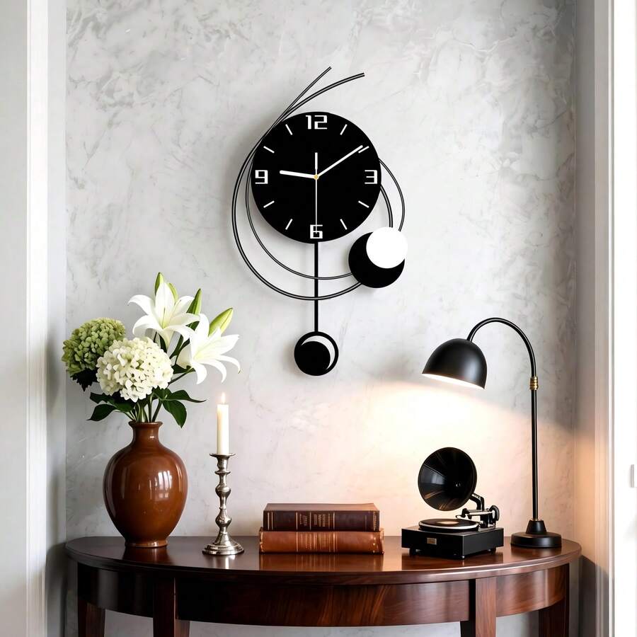 1pc Metal Living Room Decorative Wall Clock, Silent Quartz Wall Clock Black Metal Large Clock Suitable For Dining Room, Kitchen, Home, Bathroom, Bedroom, 11.8 X 20 Inches (Approx. 30 X 51 Cm)