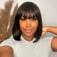 Straight Wig With Bangs Full Machine Made Wigs Synthetic Hair Wig Wear And Go Wig 200% Density Non Lace Front Wig For Women Short Bob Straight Glueless Bangs Wig Natural Black Color With Bangs For Women Daily Wear/Special Events - Natural & Black - View 4