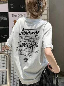 Japanese Style Women's Loose Round Neck Minimalist Casual Letter Print Short Sleeve T-Shirt, Spring/Summer - Light Gray - View 1