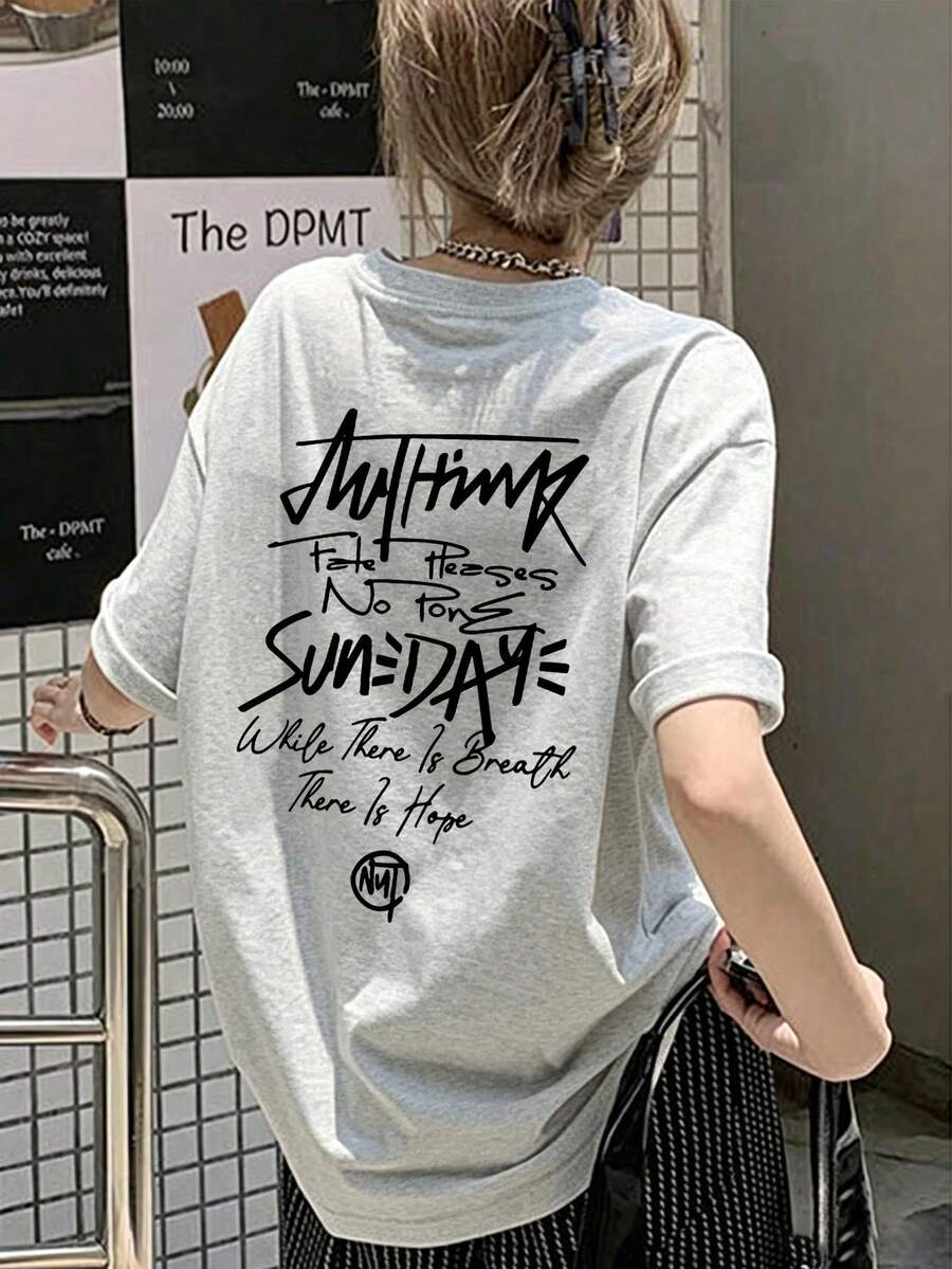 Japanese Style Women's Loose Round Neck Minimalist Casual Letter Print Short Sleeve T-Shirt, Spring/Summer - Light Gray - View 1