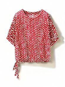 Floral Print Loose Fit Round Neck Drawstring Waist Short Sleeve Pullover Top - Relaxed Fit, Polyester, Floral Design Vacation Summer - Red - View 6