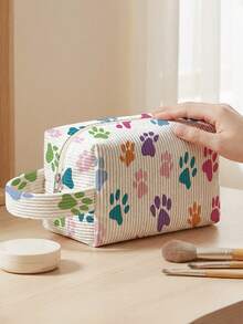 1pc Dog Paw Prints Print Corduroy Pouch With Handle ,Makeup & Toiletry Bag, Zipper Closure. Foldable, Durable, Multi-Use For Travel, Daily & Students - Multicolor - View 11