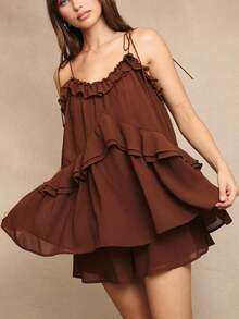 Womens Summer Romper Dress Chiffon Spaghetti Strap Sleeveless Ruffle Tiered Short Jumpsuits Beach Vacation Rompers - Brown - View 2