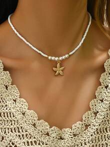 1 pieza Collar con colgante de estrella de mar metálica con cuentas, diseño de gema rosa, adecuado para uso diario y de viaje - Multicolor - Ver 11