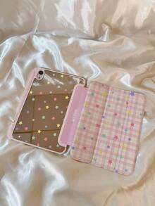 1pc Energetic Pink White Plaid Colorful Star Print Shockproof Scratch-Resistant Foldable Stand Acrylic Tri-Fold Tablet Case, With Stylus Holder, Magnetic Clasp And Auto Sleep/Wake Function, Compatible With IPad 7/8/9/10th Gen, Air 4/5, Pro 11 Inch - Multicolor - View 1