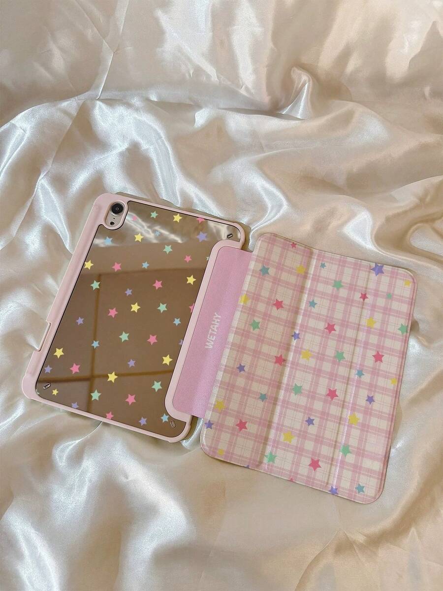 1pc Energetic Pink White Plaid Colorful Star Print Shockproof Scratch-Resistant Foldable Stand Acrylic Tri-Fold Tablet Case, With Stylus Holder, Magnetic Clasp And Auto Sleep/Wake Function, Compatible With IPad 7/8/9/10th Gen, Air 4/5, Pro 11 Inch - Multicolor - View 1
