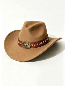 1pc Unisex Western Cowboy Hat, Felt Hat, Riding Hat, Summer Sun Protection Hat, Simple And Stylish. Suitable For Daily Wear, Parties, Outdoor Riding, Western Theme Events, Cosplay, Music Festivals And More. - Blue Pearl Brown Leather Top Hat - View 5