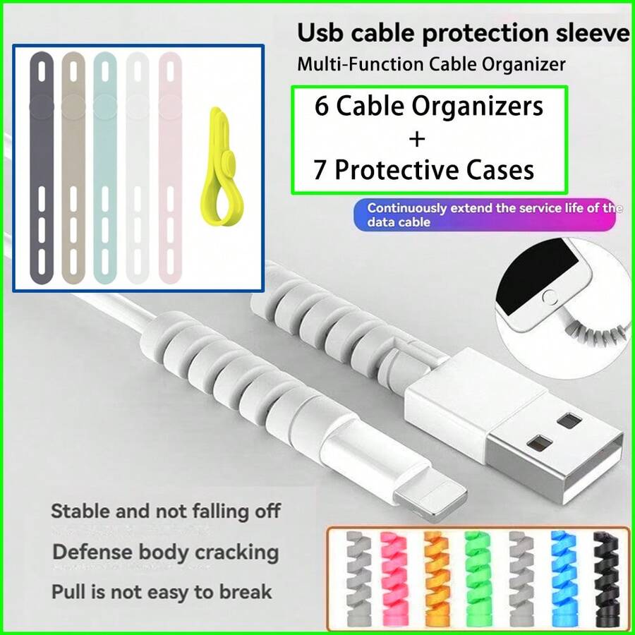6 piezas Organizador de cables + 7 piezas Funda protectora - Organizador de cables multifuncional colorido, organizador de cables de datos de auriculares y cables de red, bridas de silicona ajustables, funda protectora de cables de datos, protector espiral de cables de carga, juego de protección de cables de carga de teléfono - Ver 1