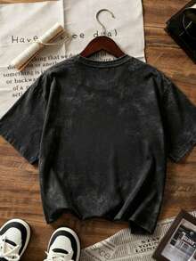 Camiseta de manga corta con estampado retro de agua en estilo americano, de ajuste holgado en rosa y blanco, de estilo casual para el campus en verano para mujeres - Negro - Ver 4