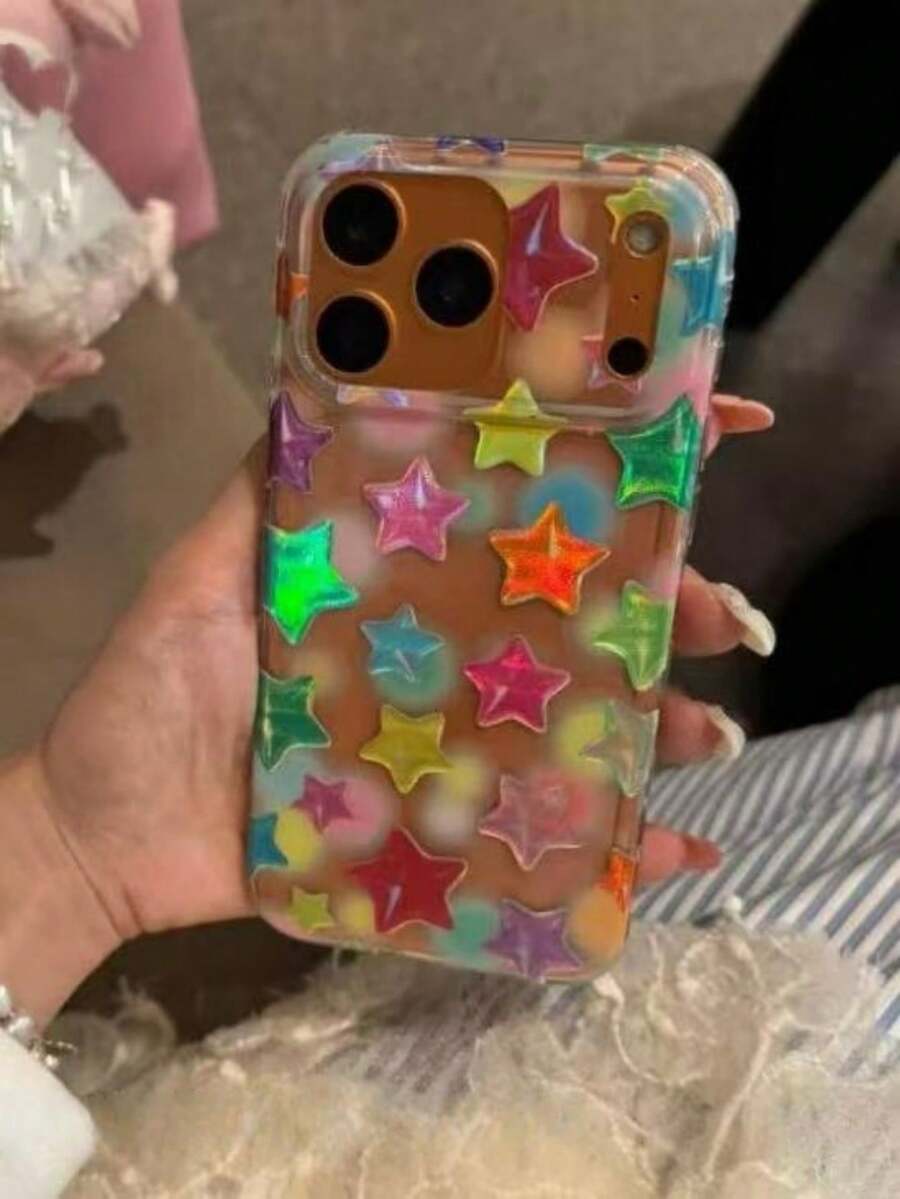 Cute Y2K Gradient Colorful Randomly Arranged Star Transparent Glitter Phone Case Compatible With IPhone 16 15 14 13 12 11 Pro Max Cute Candy Color Shockproof Soft Shell - Color - View 1