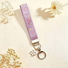1pc Sakura Keychain, Zinc Alloy Keychain Rope, Jacquard Woven Strap Keychain, Handbag Pendant Keychain Accessory, Wrist Strap Keychain, Printed Strap Keychain, Women's Car Keychain, Women's Fashion Keychain, Women's Handbag Pendant Universal Keychain - Multicolor - View 4