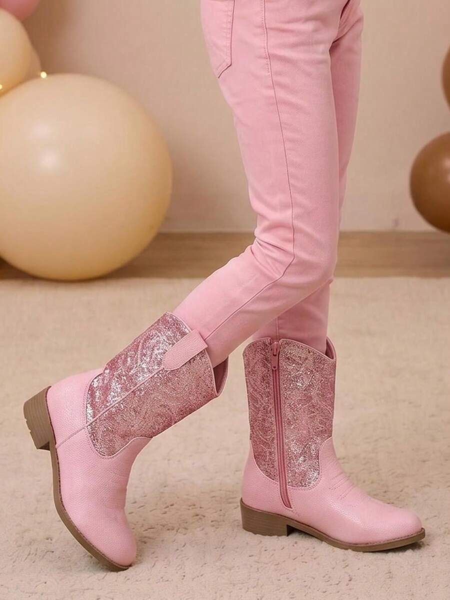 Bottes de cowboy western pour filles, bottes mi-mollet roses avec tissu pailleté et broderie, fermeture éclair latérale, talon bas antidérapant convenant aux tout-petits/petites filles/grandes filles - Rose bonbon - Voir 1