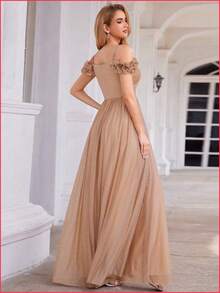 EVERPRETTY Elegante vestido rosa brillante sin tirantes para dama de honor con diseño sin espalda, adecuado para invitados de boda de primavera/veran - Naranja Quemada - Ver 3