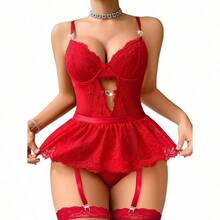 Lilosy Sexy Stocking Rhinestones Heart Garter Underwire Floral Mesh Lace Sheer Babydoll Lingerie Teddy Bodysuit Skirt Set - 鮮紅色 - 查看 3