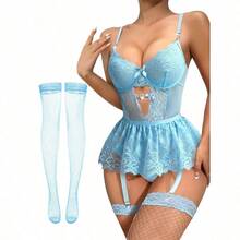 Lilosy Sexy Stocking Rhinestones Heart Garter Underwire Floral Mesh Lace Sheer Babydoll Lingerie Teddy Bodysuit Skirt Set - Light Blue - 查看 1