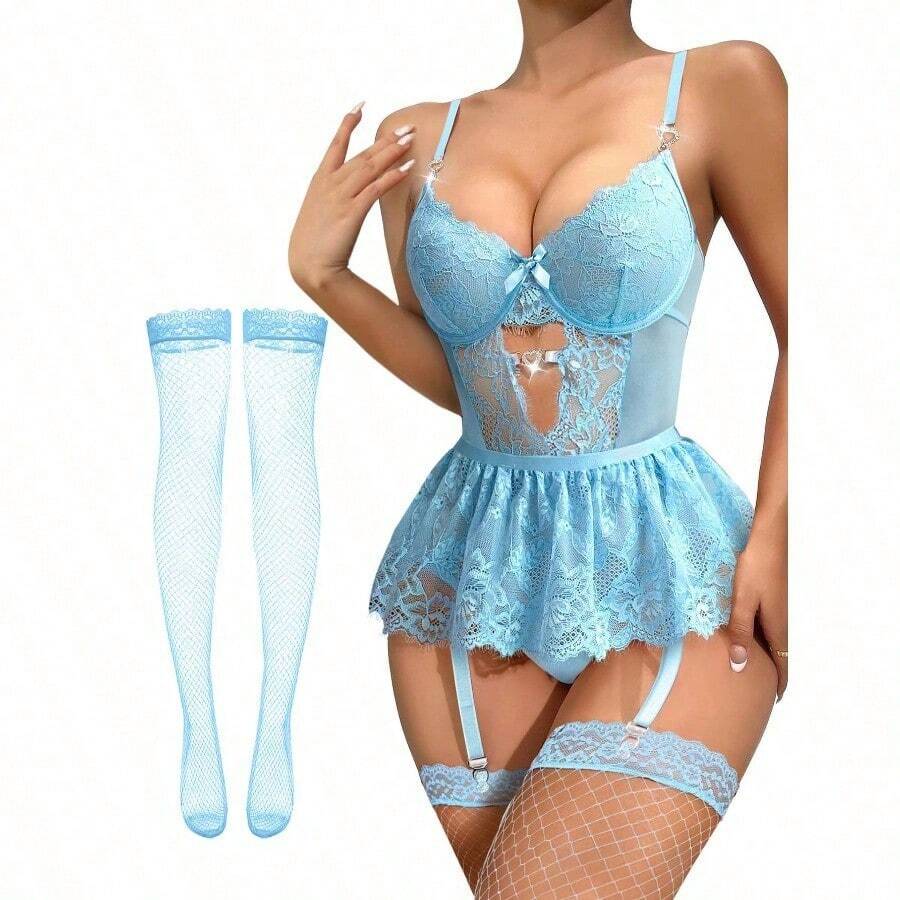 Lilosy Sexy Stocking Rhinestones Heart Garter Underwire Floral Mesh Lace Sheer Babydoll Lingerie Teddy Bodysuit Skirt Set - Light Blue - 查看 1