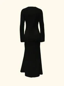 女款中東風優雅純黑色休閒長洋裝，適合穆斯林女性的保守長裙，秋季穿搭 - 黑色 - 查看 4