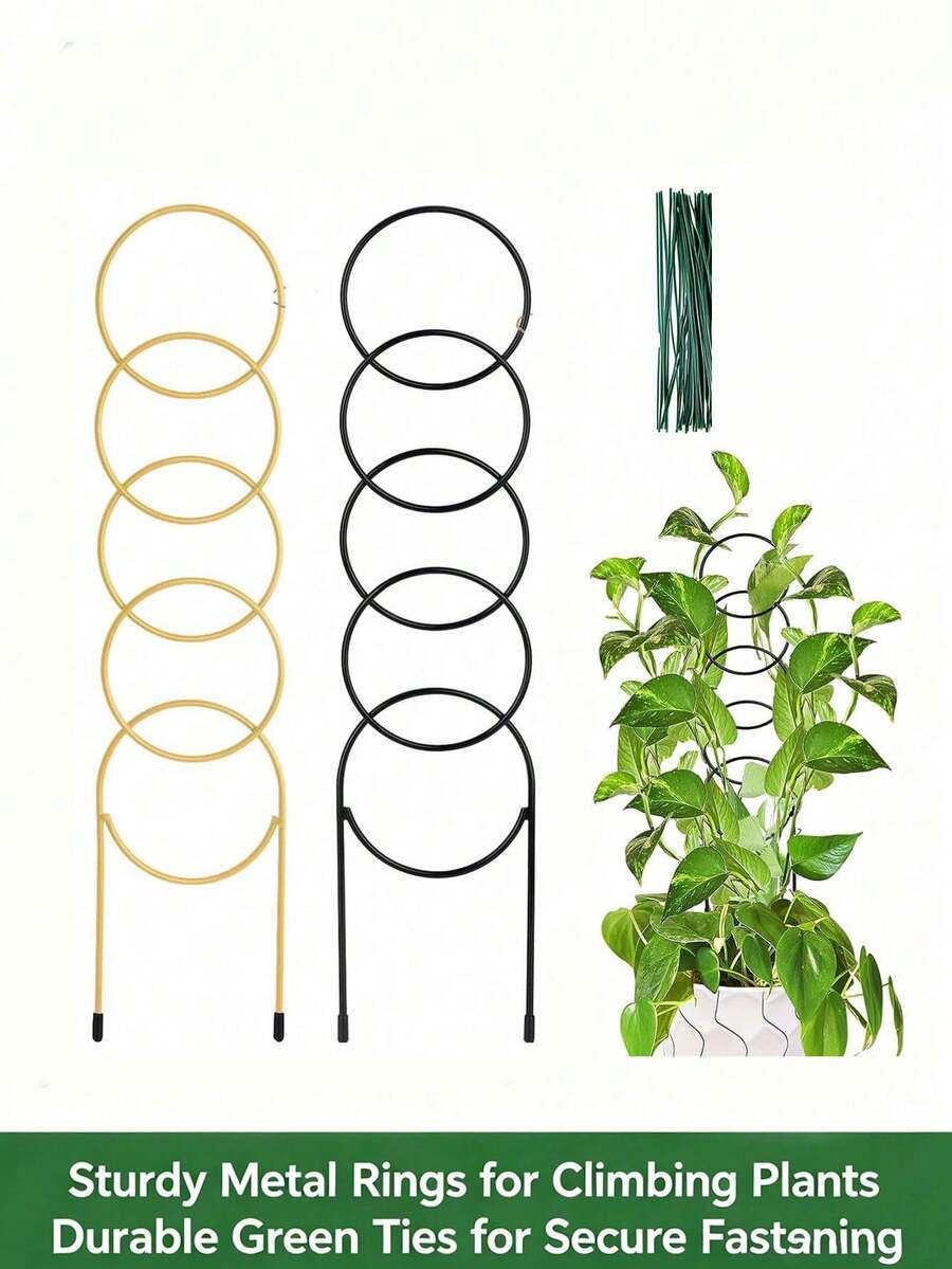 1/2件組 黑金鐵製植物支撐樁附綁繩，粉末塗層圓形攀爬架，穩定U型底座，適用於攀緣植物、花卉與蔬菜，室內外盆栽四季通用，花園陽台露台裝飾，植物愛好者禮物 - 圓環攀爬架 - 查看 1