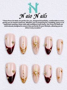 NAIO 10片/組手工穿戴式美甲貼片，3種尺寸：棺材型/杏仁型/短方型，Y2K辣妹風，裸色與酒紅法式邊緣，金色、太陽元素與珍珠裝飾，奶油質感，適合女性與女孩，派對與日常佩戴，附工具組，禮物與美甲用品 - 彩色 - 查看 15