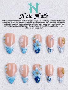 NAIO 10片/組手工壓接式假指甲，3種尺寸：棺材型/杏仁型/短方形指尖，Y2K壞女孩風格，裸色/藍色/白色法式水滴設計，3D花朵&金屬裝飾，奶油質感，適合女性&女孩，派對&日常穿戴，含工具組，禮物&美甲用品 - 彩色 - 查看 20