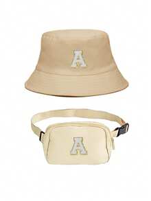2pcs Personalized 26 Letters Bucket Hat & Crossboy Bag Set,Y2K Style Set,Perfect For Spring, Autumn, Travel, Beach,Holiday,Festival - Beige - View 7