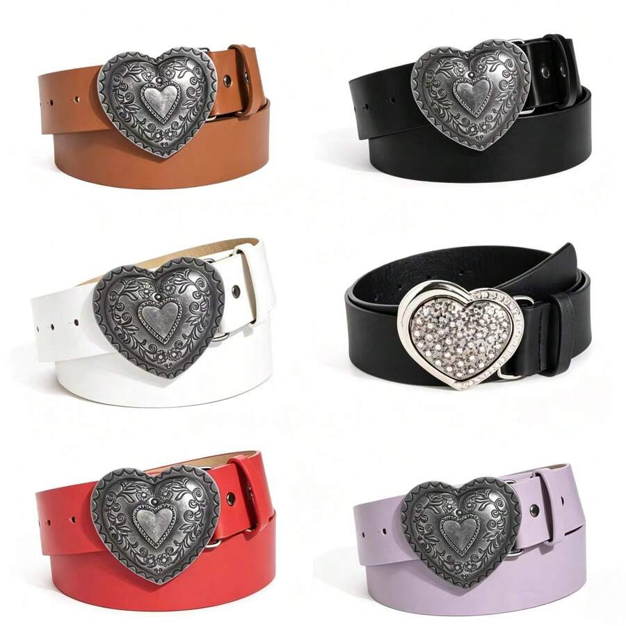 Women's Vintage Heart Buckle PU Leather Belt, Adjustable Western Waist Belt For Jeans & Dresses - Heart-shaped Belt - View 1