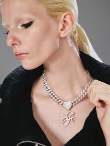 Rollcall Silver Women's Necklace - A-Z Letter Heart Pendant Necklace With 13mm Cubic Zirconia Cuban Chain, Personalized Cuban Chain Jewelry - Necklace a - View 2