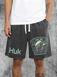 Huk Fishing Logo Graphic Vintage Duplex Washed Shorts 100 Cotton 260g Vintage Graphic Print Casual Athletic Summer Shorts For Men - 黑色 - 查看 1