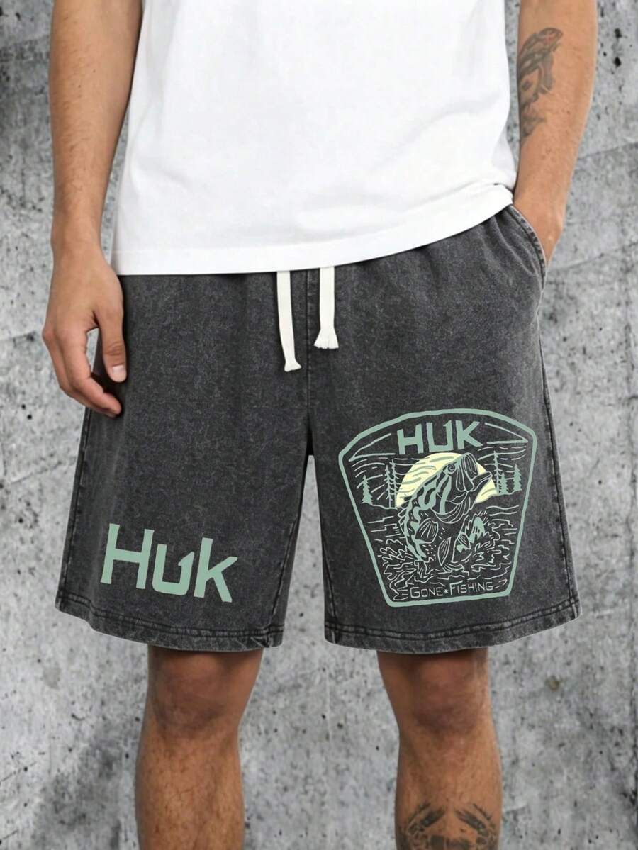 Huk Fishing Logo Graphic Vintage Duplex Washed Shorts 100 Cotton 260g Vintage Graphic Print Casual Athletic Summer Shorts For Men - 黑色 - 查看 1