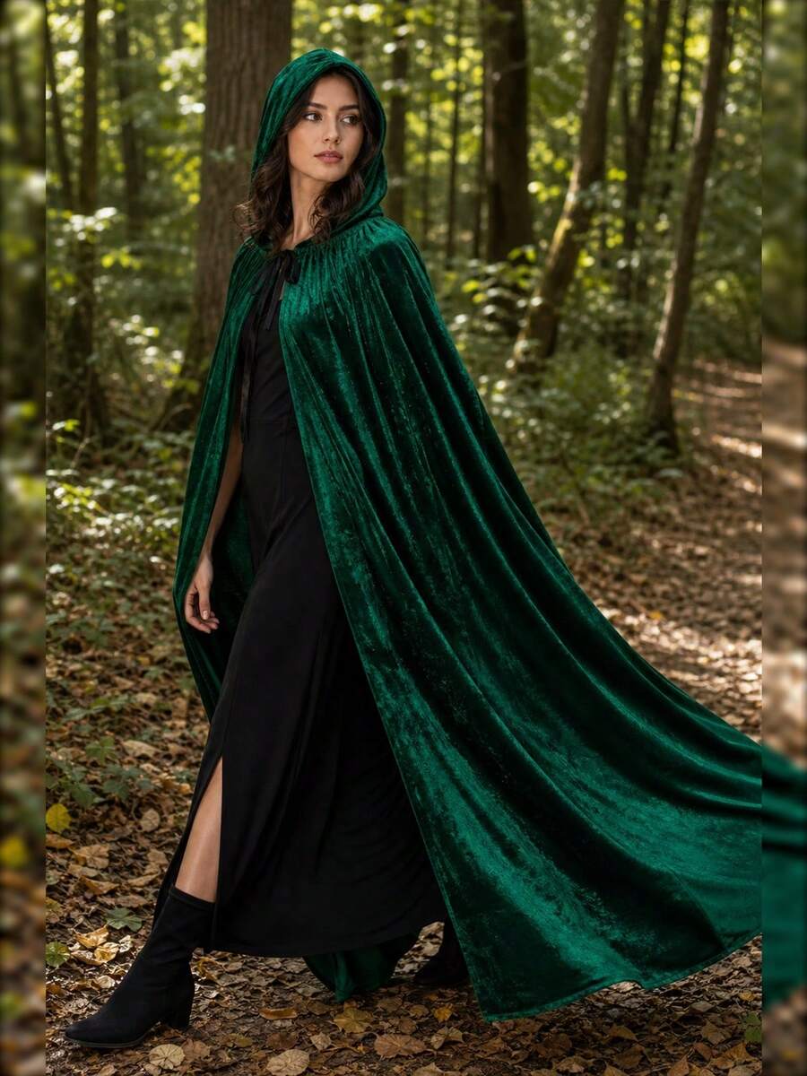 Hooded Fleece Long Cape, Lace-Up Cloak, Halloween Cosplay Party Costume, Multiple Colors Available - A - View 1