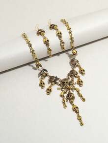Punk Vintage Skull Earrings & Necklace Set, Exaggerated Halloween Party Jewelry For Women, 1 Necklace And 2 Earrings - Old Gold - View 3