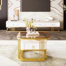Stackable Coffee Table: Glossy Marble Look, Gold Details, Side Table With Drawers. Set Of Two Pieces. - White 1 - View 7