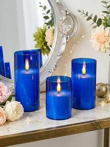 3pcs Flameless Candle Lights, With Remote Control/Timer Function, Battery Powered, Suitable For Christmas, Halloween, Valentine's Day, Mother's Day, Gift, Birthday, Proposal, Wedding, Dining Table, Party - Blue - Warm Light - View 4