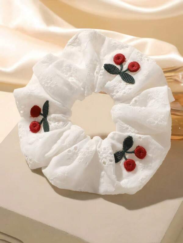 1pc White Floral Embroidered Scrunchie, Fresh Countryside Style, Adorned With Cherries, Suitable For Daily Life And Outdoor Activities