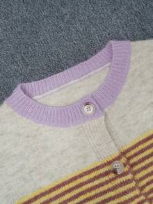 2026 Autumn/Winter New Fashion Wool Material Casual Retro Lazy Dopamine Style Pink & White Color Block Striped Loose Sweet Women's Cardigan Fall - Multicolor - View 12
