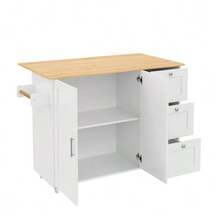 طاولة مطبخ متنقلة كبيرة L135*W44(70)*H90cm، سطح من البلوط، قابلة للطي، أثاث متعدد الوظائف، 3 أدراج، رف للمناشف، مثالية للمطبخ وغرفة الطعام والمنزل - أبيض - مشاهدة 8